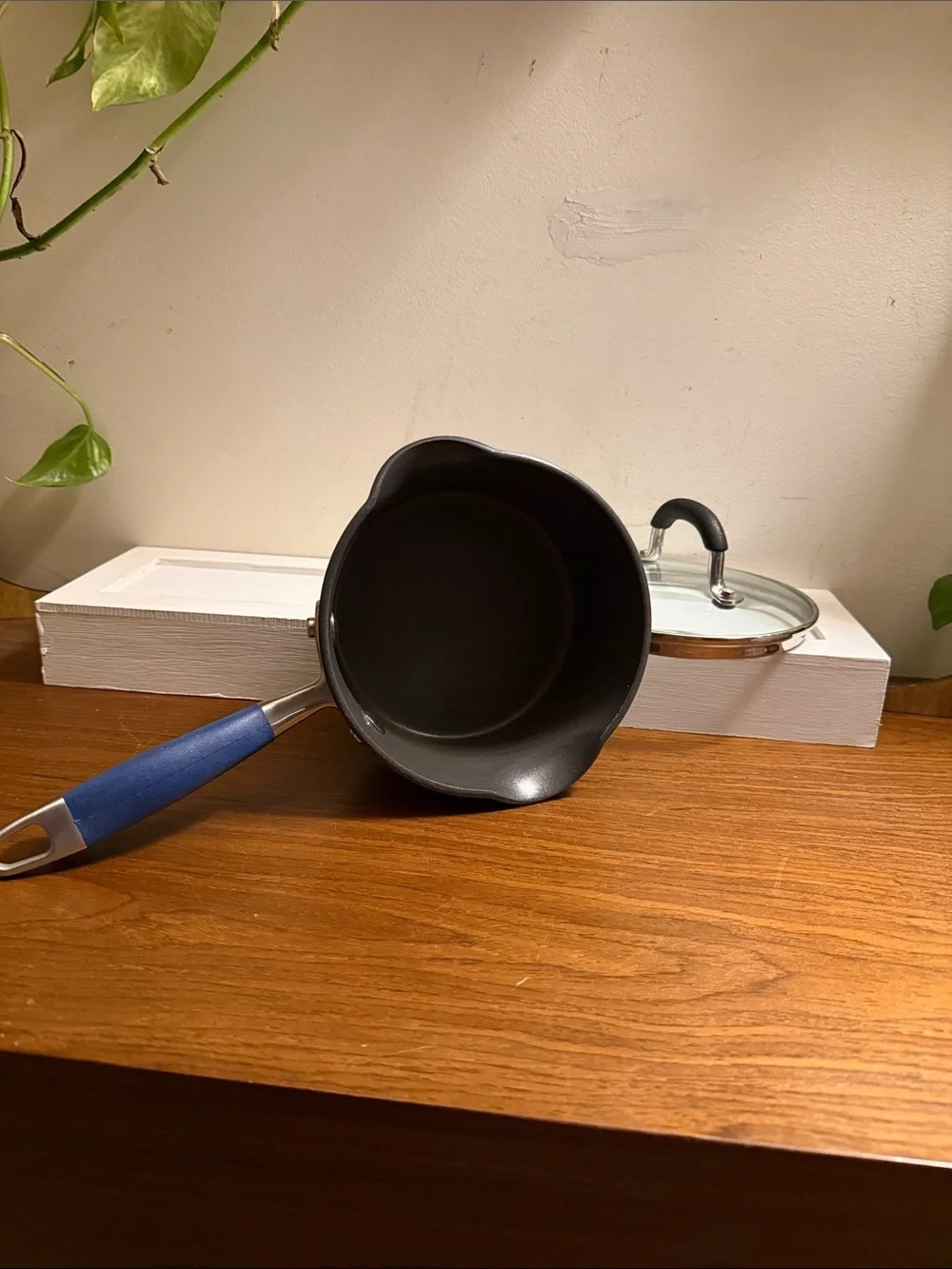 Indigo blue Anolon Advanced Hard Anodized Nonstick Straining Saucepan